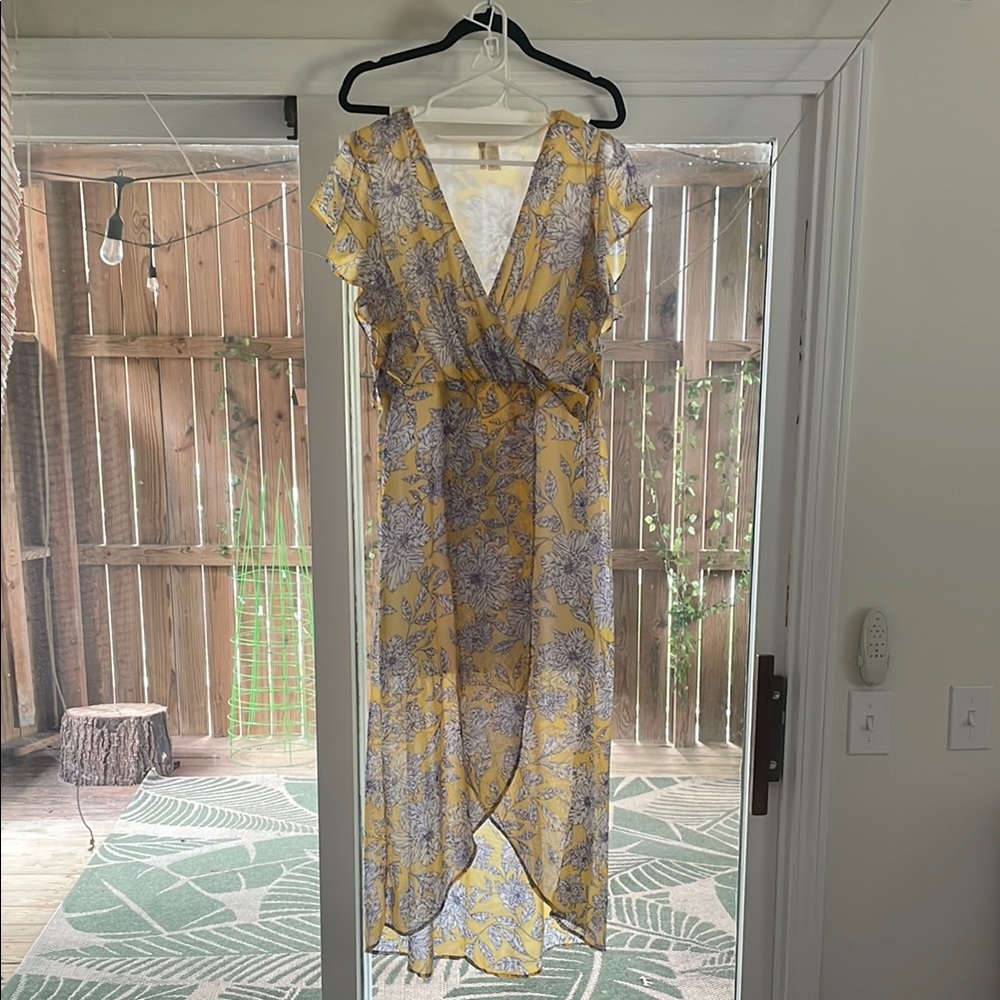 Japna Yellow and Gray Floral High Low Dress